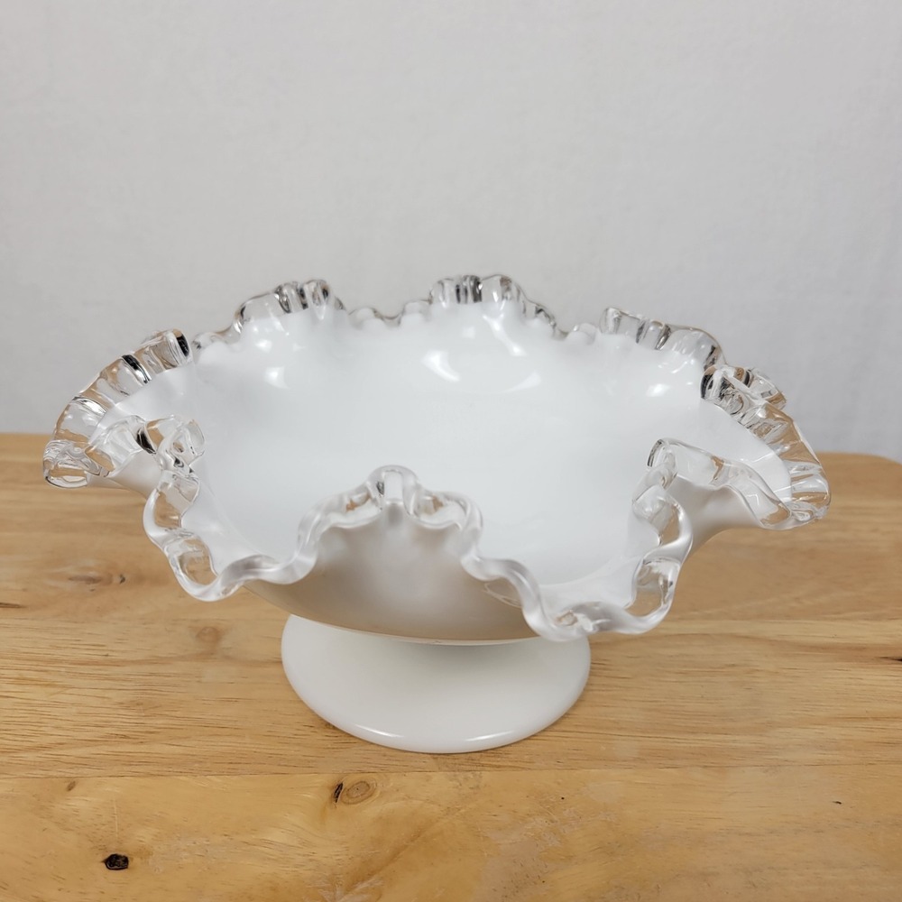 Vintage Milk Glass Footed Compote Ruffled Clear Edge Grandmacore Bowl 8"
